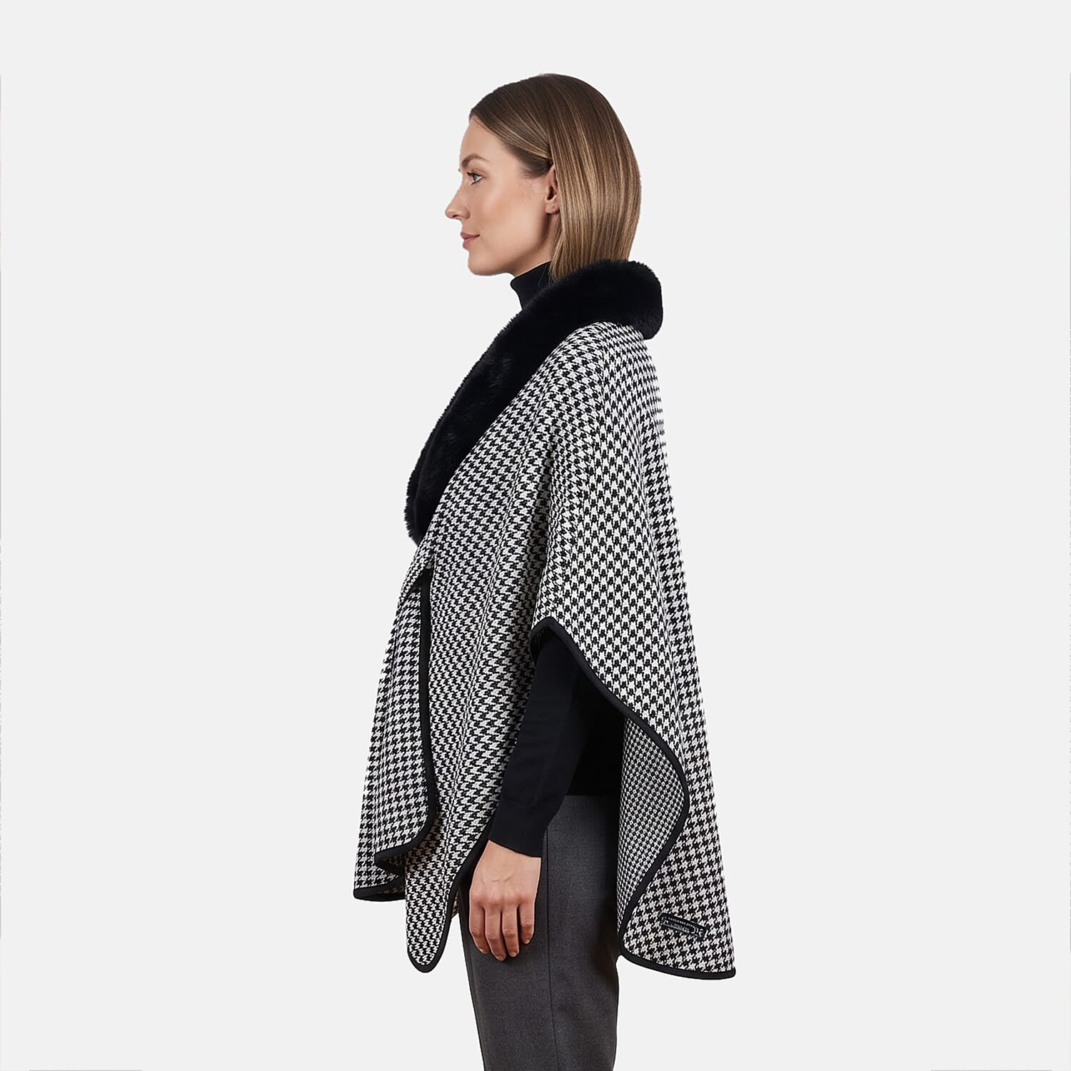 La Marey Black and White Long Fur Poncho Shawl with Buckle Fastening