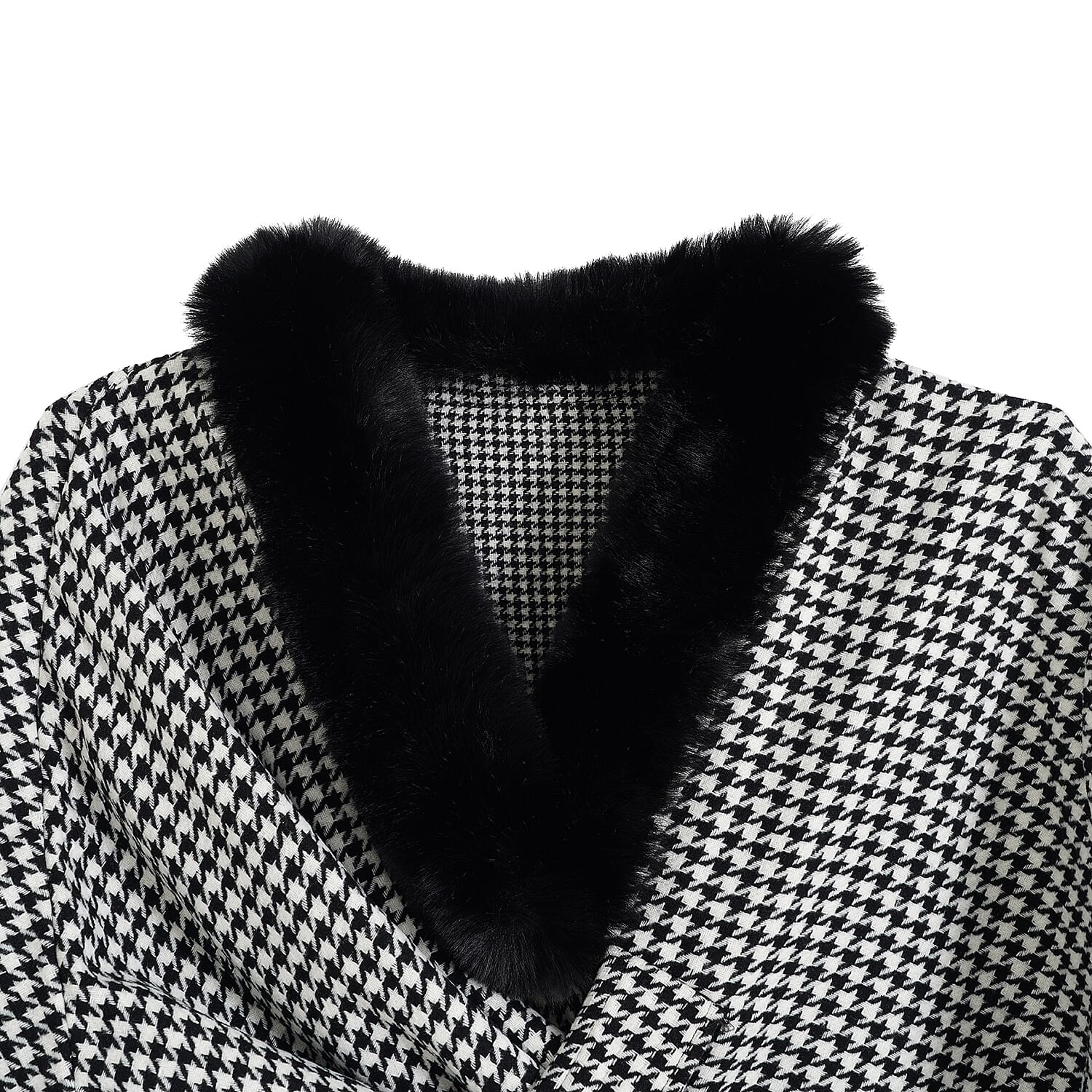 La Marey Black and White Long Fur Poncho Shawl with Buckle Fastening