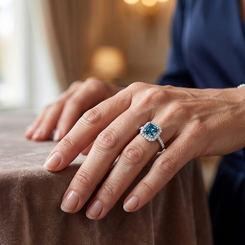 Luxuriant Asscher Cut Lab Grown Blue Diamond (IR) and Lab Grown Diamond VS 2.60 ctw Imperial Blue Ring in Rhodium Over Sterling Silver (Size 6.0)