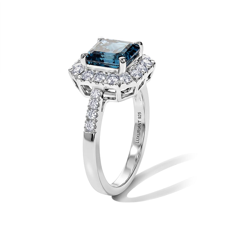 Luxuriant Asscher Cut Lab Grown Blue Diamond (IR) and Lab Grown Diamond VS 2.60 ctw Imperial Blue Ring in Rhodium Over Sterling Silver (Size 6.0)