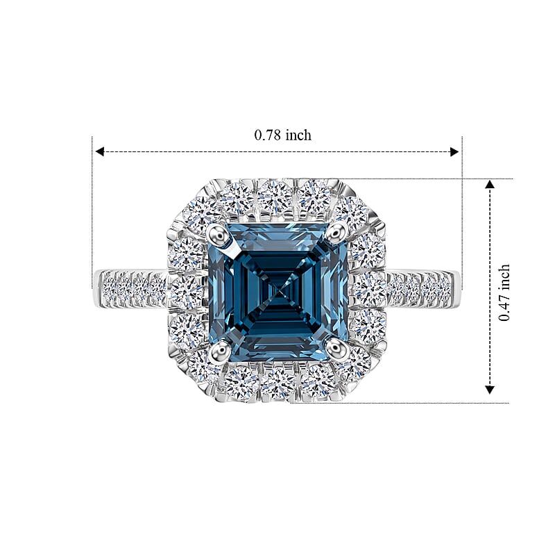 Luxuriant Asscher Cut Lab Grown Blue Diamond (IR) and Lab Grown Diamond VS 2.60 ctw Imperial Blue Ring in Rhodium Over Sterling Silver (Size 6.0)