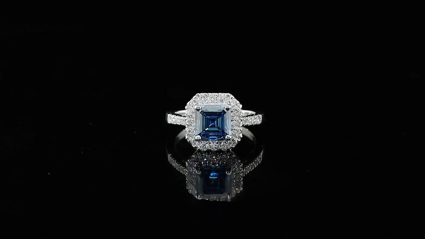 Luxuriant Asscher Cut Lab Grown Blue Diamond (IR), Lab Grown Diamond (VS) Ring in Rhodium Over Sterling Silver (Size 10.0) 2.60 ctw  8673067