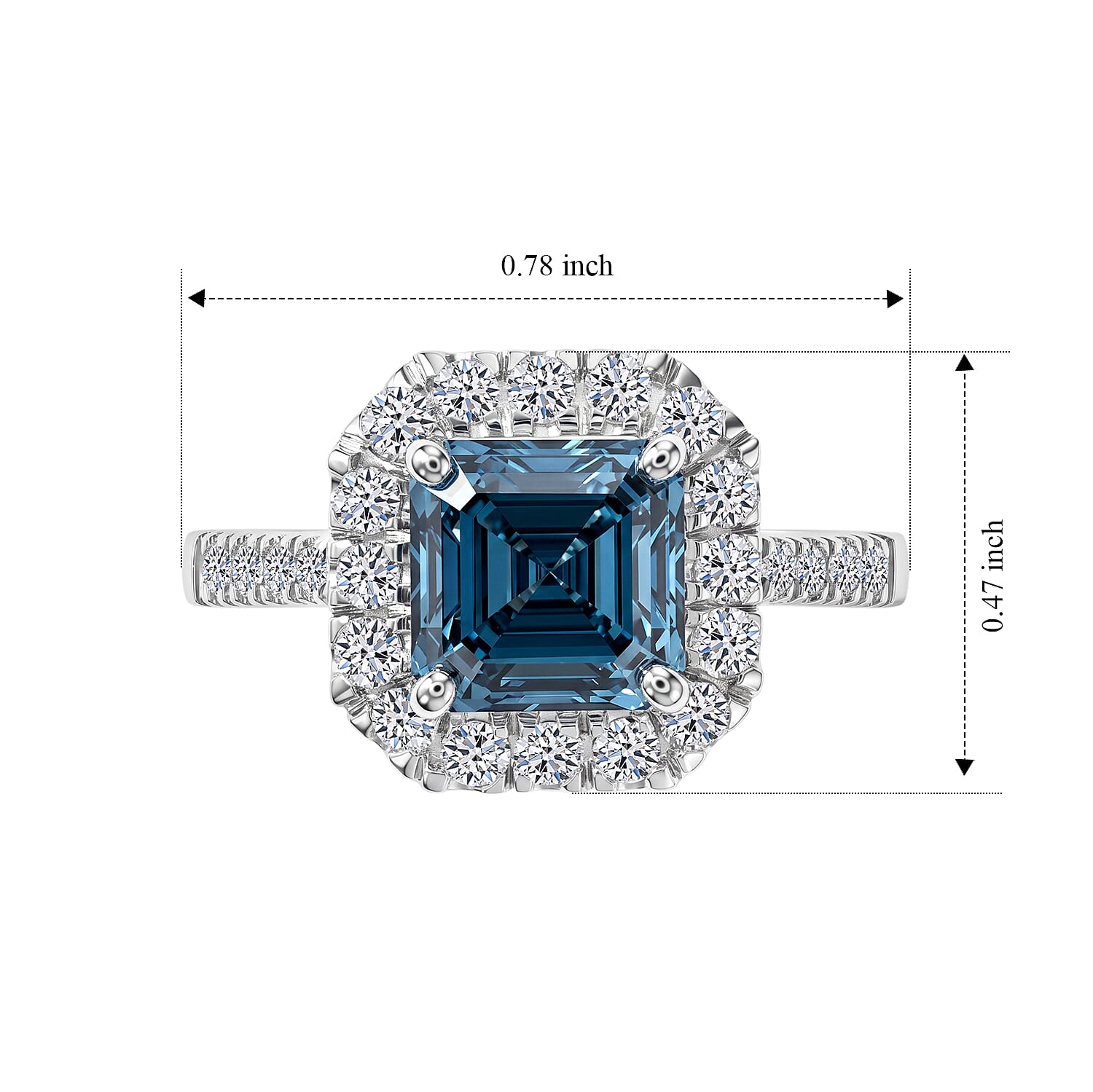 Luxuriant Asscher Cut Lab Grown Blue Diamond (IR) and Lab Grown Diamond VS 2.60 ctw Imperial Blue Ring in Rhodium Over Sterling Silver (Size 7.0)
