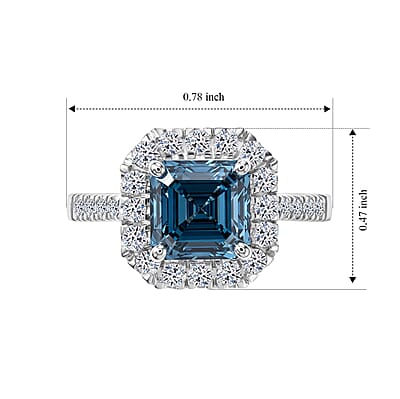 Luxuriant Asscher Cut Lab Grown Blue Diamond (IR) and Lab Grown Diamond VS 2.60 ctw Imperial Blue Ring in Rhodium Over Sterling Silver (Size 7.0)