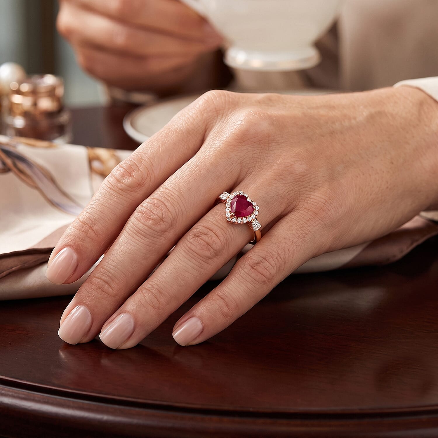 D'Joy Niassa Ruby (FF) and Moissanite Heart 2.35 ctw Passion's Embrace Ring in 18K Vermeil RG Over Sterling Silver (Size 7.0)