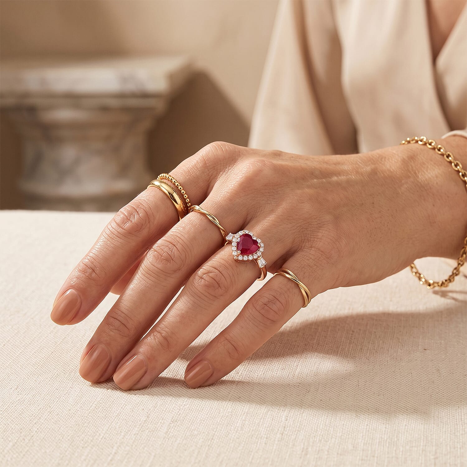 D'Joy Niassa Ruby (FF) and Moissanite Heart 2.35 ctw Passion's Embrace Ring in 18K Vermeil RG Over Sterling Silver (Size 7.0)
