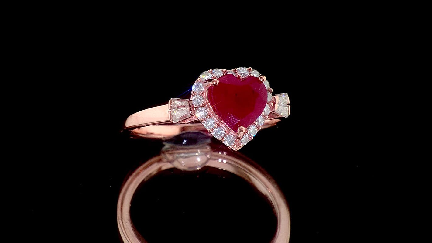 D'Joy Niassa Ruby (FF), Moissanite Heart Ring in 18K Vermeil RG Over Sterling Silver (Size 10.0) 2.35 ctw