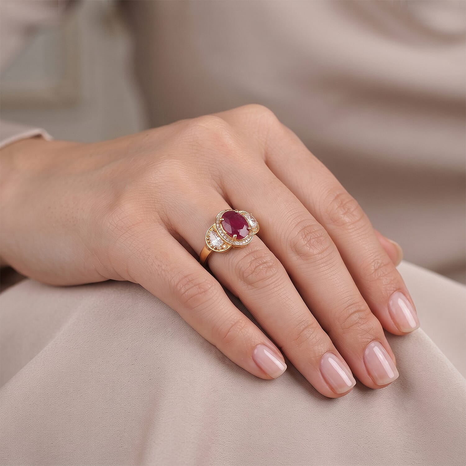 D'Joy Niassa Ruby (FF) and Moissanite 3.50 ctw Crown of Passion Ring in 18K Vermeil YG Over Sterling Silver (Size 6.0)