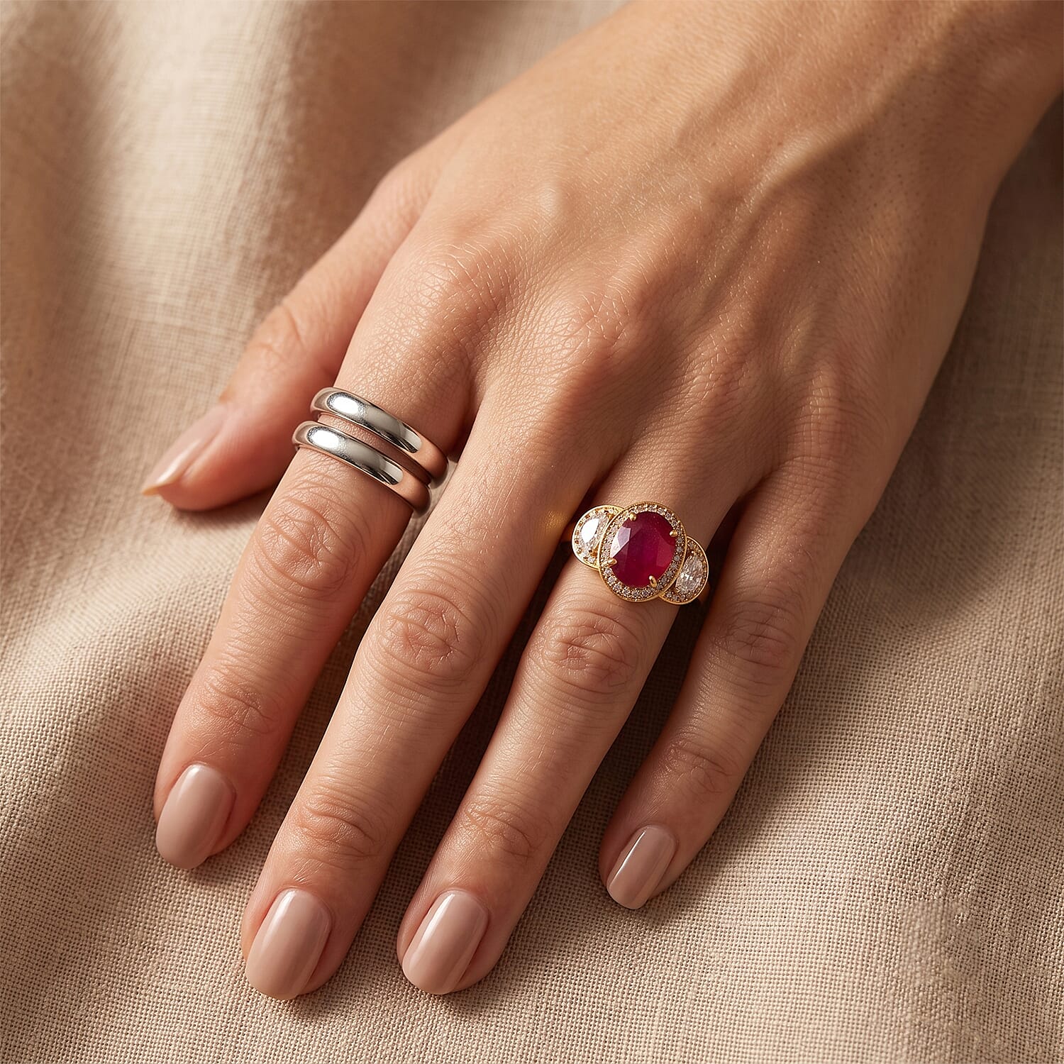 D'Joy Niassa Ruby (FF) and Moissanite 3.50 ctw Crown of Passion Ring in 18K Vermeil YG Over Sterling Silver (Size 6.0)