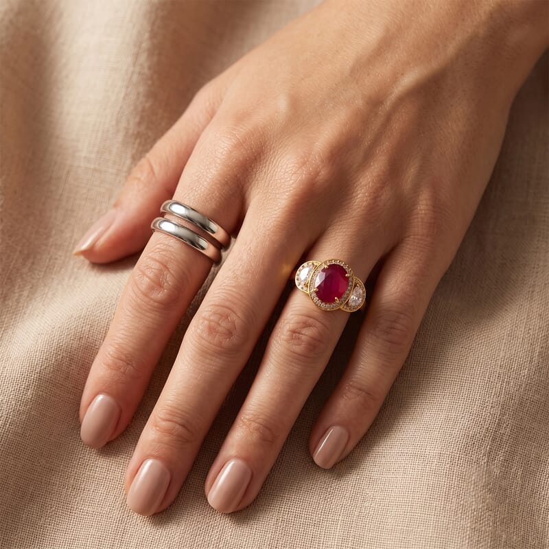 D'Joy Niassa Ruby (FF) and Moissanite 3.50 ctw Crown of Passion Ring in 18K Vermeil YG Over Sterling Silver (Size 6.0)