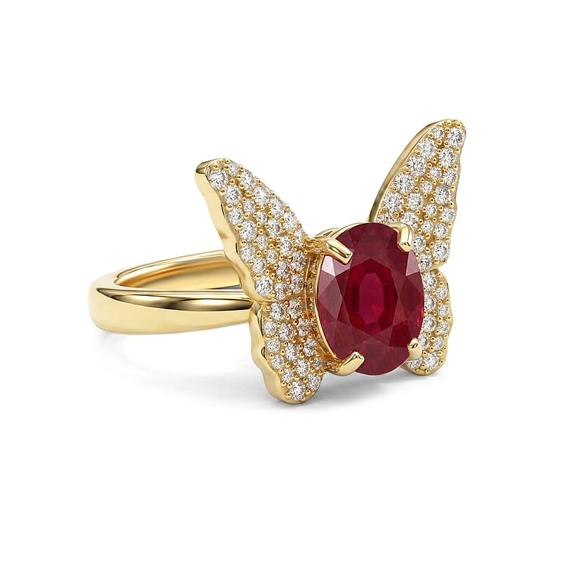 GP Trionfo Collection Niassa Ruby (FF) and White Zircon 3.10 ctw Butterfly Ring in 18K Vermeil Yellow Gold Over Sterling Silver (Size 6.0)