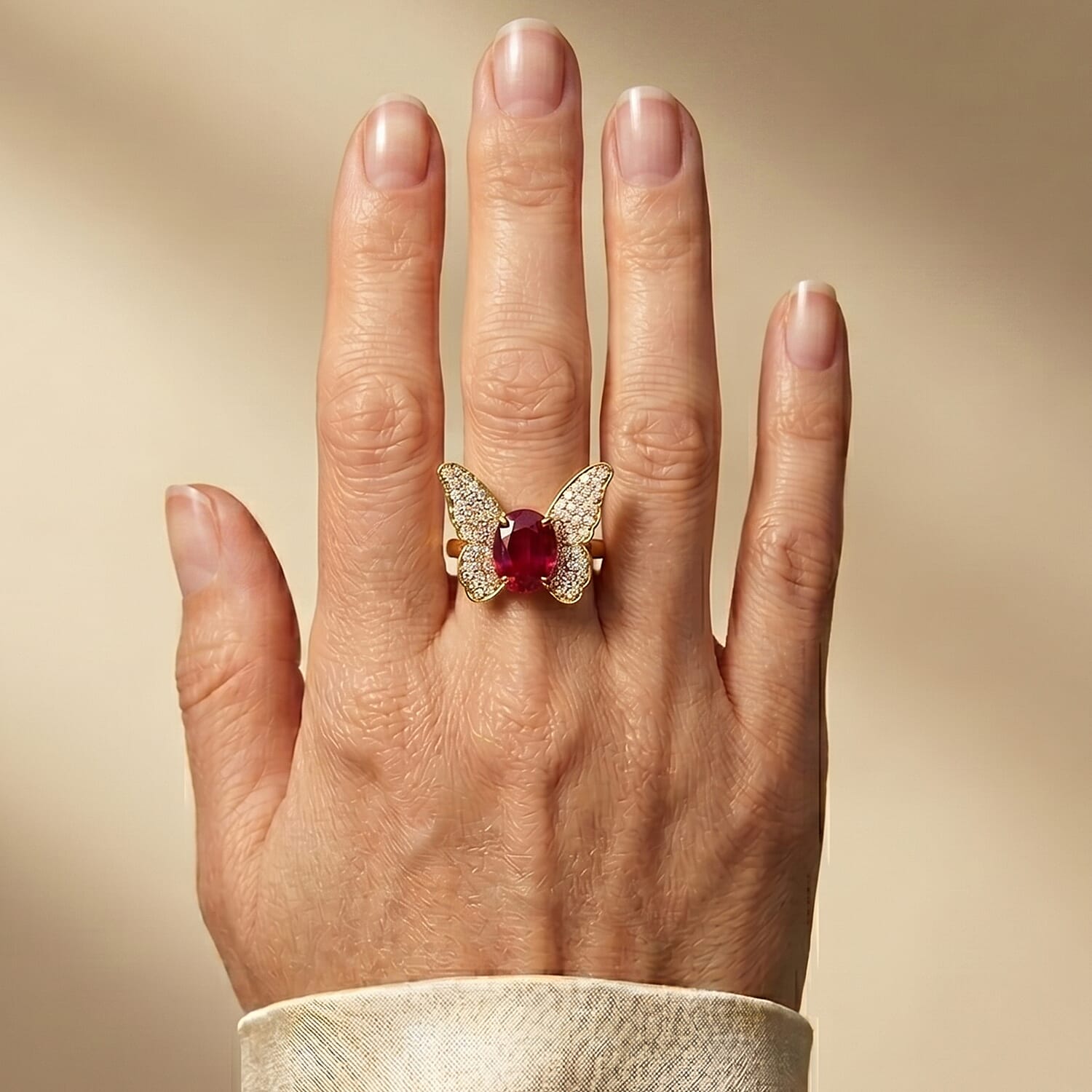 GP Trionfo Collection Niassa Ruby (FF) and White Zircon 3.10 ctw Butterfly Ring in 18K Vermeil Yellow Gold Over Sterling Silver (Size 6.0)