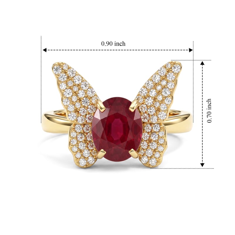 GP Trionfo Collection Niassa Ruby (FF) and White Zircon 3.10 ctw Butterfly Ring in 18K Vermeil Yellow Gold Over Sterling Silver (Size 6.0)