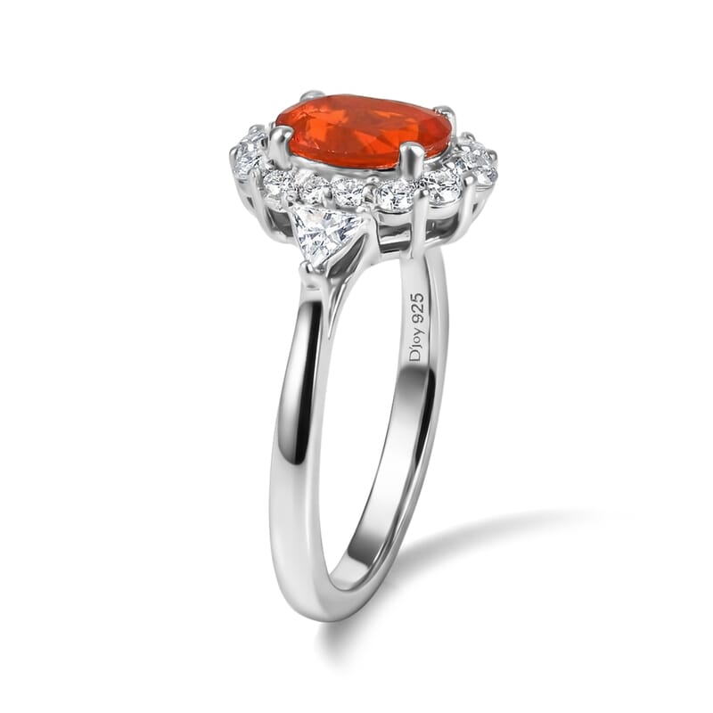 D'Joy Premium Crimson Fire Opal and Moissanite 1.35 ctw Ring in Rhodium Over Sterling Silver (Size 6.0)