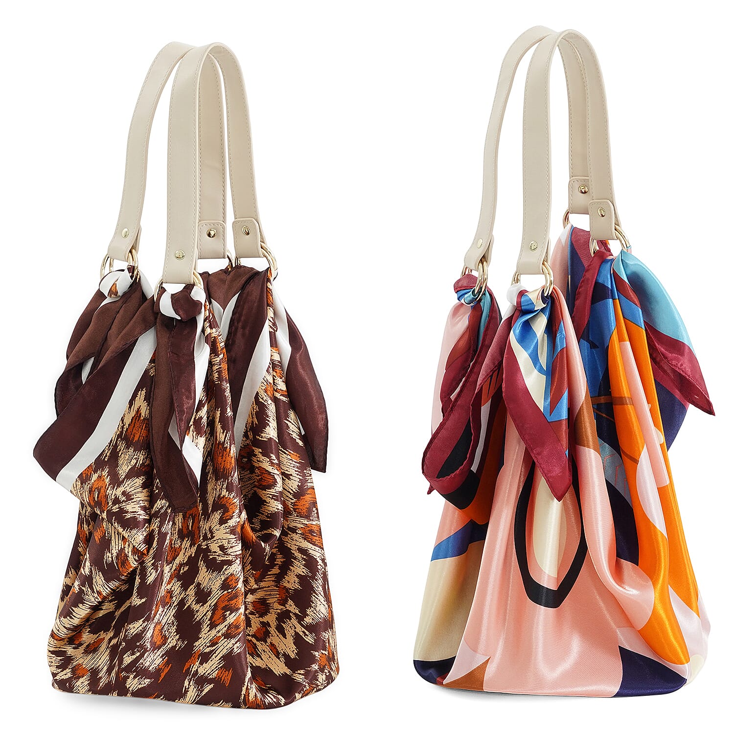 La Marey Brown Set of 2 Scarves to Convertible Handbag with Faux Leather Strap and Bottom