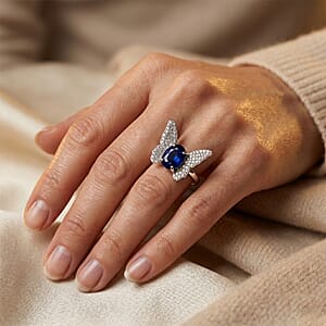 GP Trionfo Collection Masoala Sapphire (D) and White Zircon 3.10 ctw Butterfly Ring in Rhodium Over Sterling Silver (Size 10.0)