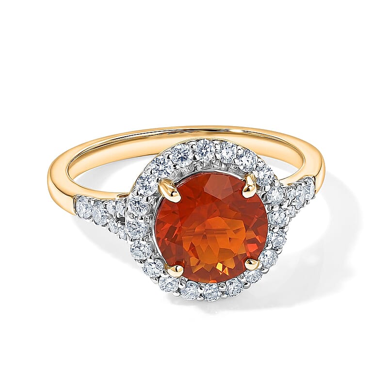 Certified and Appraised AAA Mexican Cherry Fire Opal and Luxuriant Lab Grown Diamond G-H SI 1.70 ctw Ring in 10K Yellow Gold (Size 5.0)