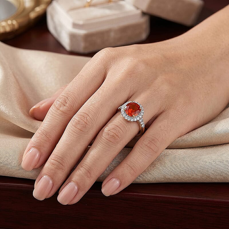 Certified and Appraised AAA Mexican Cherry Fire Opal and Luxuriant Lab Grown Diamond G-H SI 1.70 ctw Ring in 10K Yellow Gold (Size 5.0)
