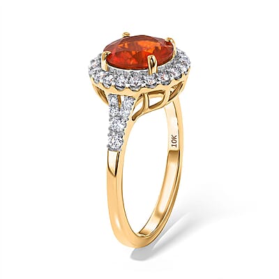 Certified and Appraised AAA Mexican Cherry Fire Opal and Luxuriant Lab Grown Diamond G-H SI 1.70 ctw Ring in 10K Yellow Gold (Size 5.0)