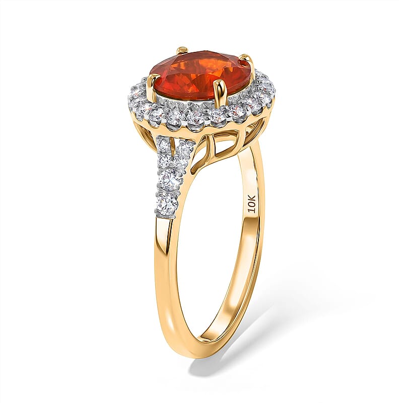 Certified and Appraised AAA Mexican Cherry Fire Opal and Luxuriant Lab Grown Diamond G-H SI 1.70 ctw Ring in 10K Yellow Gold (Size 5.0)