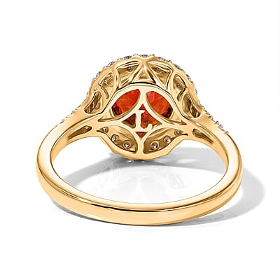 Certified and Appraised AAA Mexican Cherry Fire Opal and Luxuriant Lab Grown Diamond G-H SI 1.70 ctw Ring in 10K Yellow Gold (Size 5.0)