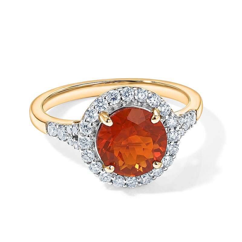 Certified and Appraised AAA Mexican Cherry Fire Opal and Luxuriant Lab Grown Diamond G-H SI 1.70 ctw Ring in 10K Yellow Gold (Size 6.0)