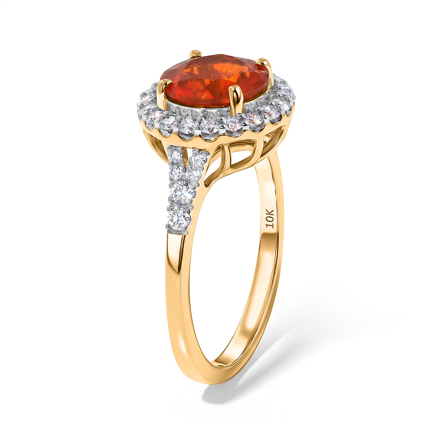 Certified and Appraised AAA Mexican Cherry Fire Opal and Luxuriant Lab Grown Diamond G-H SI 1.70 ctw Ring in 10K Yellow Gold (Size 6.0)