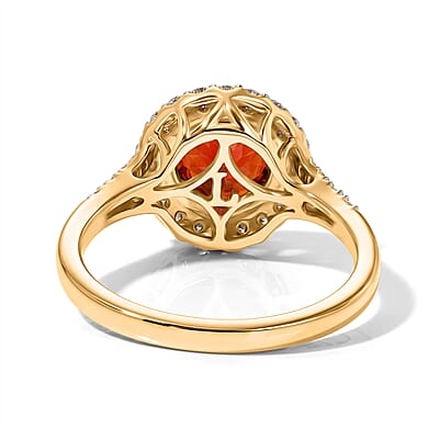 Certified and Appraised AAA Mexican Cherry Fire Opal and Luxuriant Lab Grown Diamond G-H SI 1.70 ctw Ring in 10K Yellow Gold (Size 7.0)