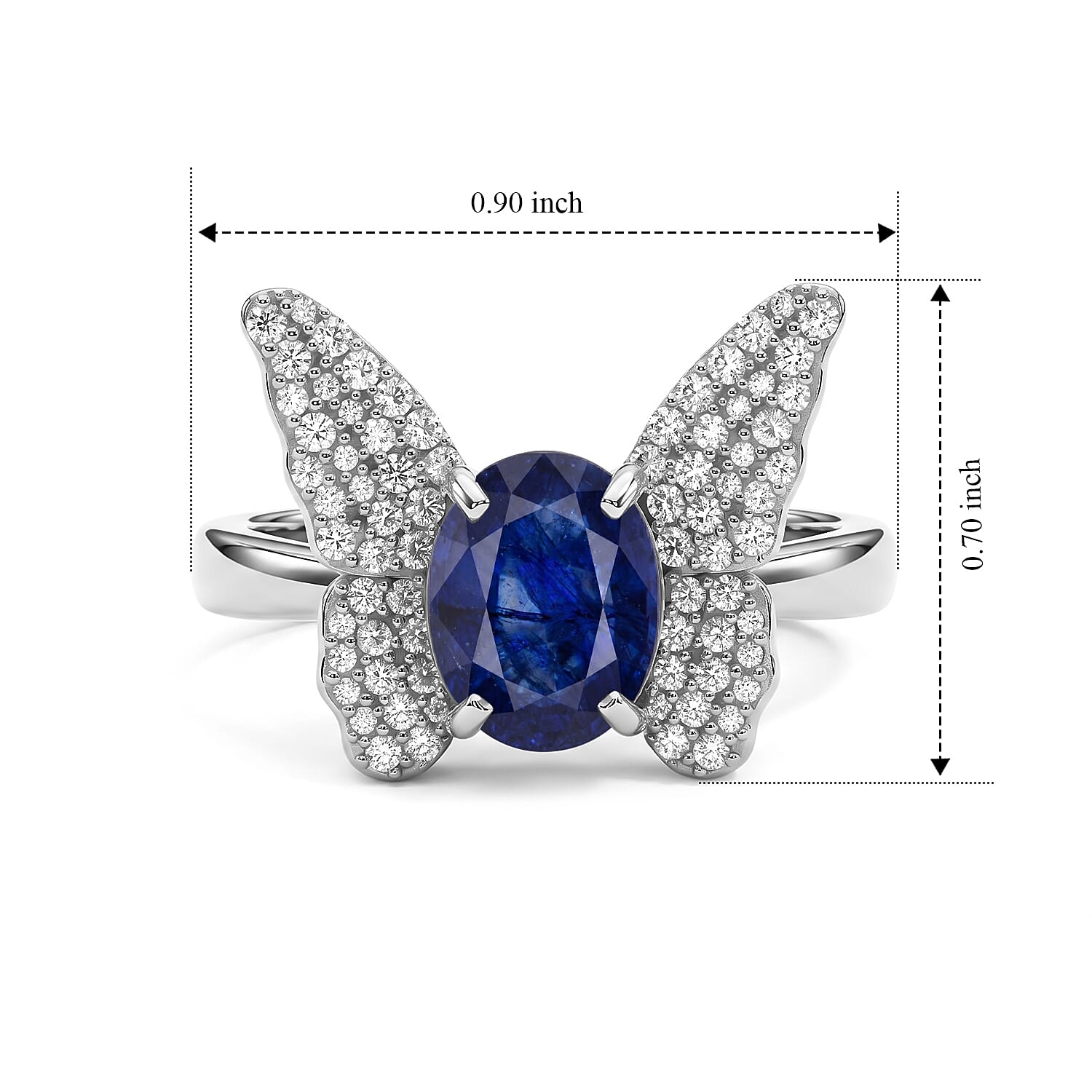 GP Trionfo Collection Masoala Sapphire (D) and White Zircon 3.10 ctw Butterfly Ring in Rhodium Over Sterling Silver (Size 6.0)