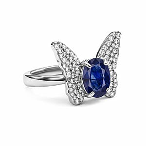 GP Trionfo Collection Masoala Sapphire (D) and White Zircon 3.10 ctw Butterfly Ring in Rhodium Over Sterling Silver (Size 8.0)