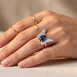 GP Trionfo Collection Masoala Sapphire (D) and White Zircon 3.10 ctw Butterfly Ring in Rhodium Over Sterling Silver (Size 8.0)