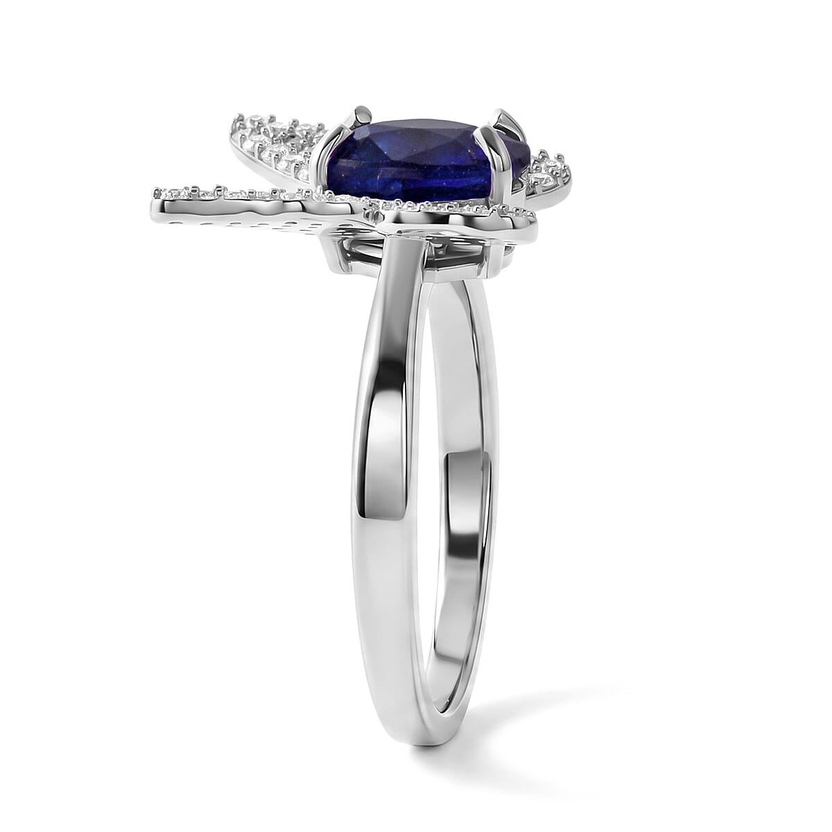 GP Trionfo Collection Masoala Sapphire (D) and White Zircon 3.10 ctw Butterfly Ring in Rhodium Over Sterling Silver (Size 8.0) image number 3