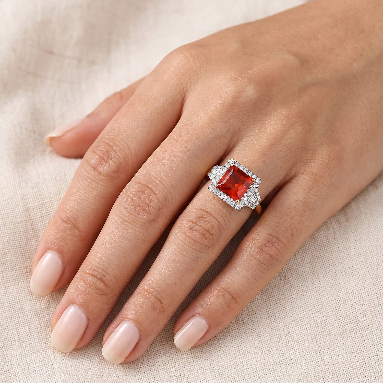 Certified & Appraised AAA Crimson Fire Opal and Luxuriant Lab Grown Diamond G-H SI 2.10 ctw Ring in 10K Yellow Gold (Size  6.0)
