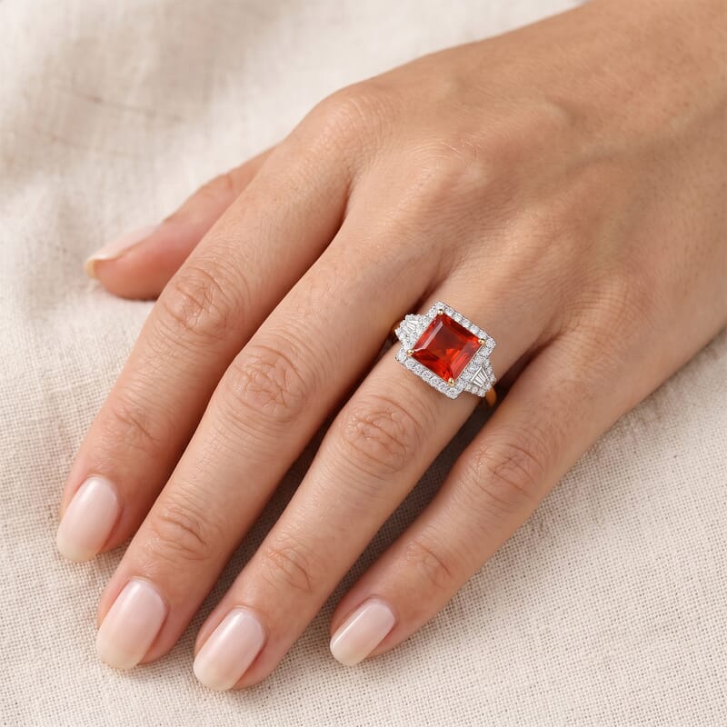 Certified & Appraised AAA Crimson Fire Opal and Luxuriant Lab Grown Diamond G-H SI 2.10 ctw Ring in 10K Yellow Gold (Size  6.0)