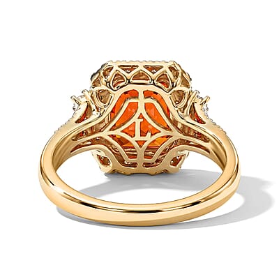 Certified and Appraised AAA Mexican Cherry Fire Opal and Luxuriant Lab Grown Diamond G-H SI 2.70 ctw Ring in 10K Yellow Gold (Size 6.0)