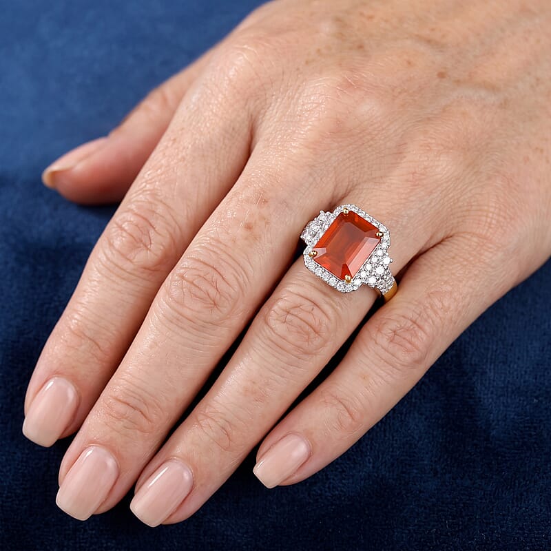 Certified and Appraised AAA Mexican Cherry Fire Opal and Luxuriant Lab Grown Diamond G-H SI 2.70 ctw Ring in 10K Yellow Gold (Size 7.0)