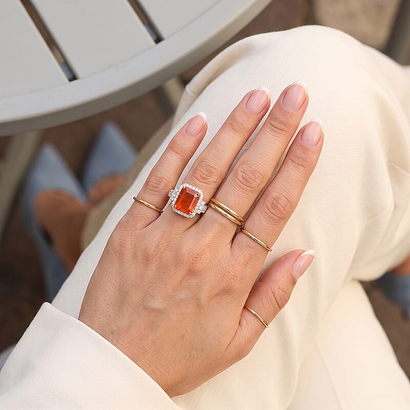 Certified and Appraised AAA Mexican Cherry Fire Opal and Luxuriant Lab Grown Diamond G-H SI 2.70 ctw Ring in 10K Yellow Gold (Size 7.0)