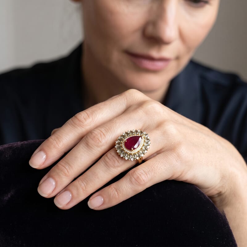 D'Joy Niassa Ruby (FF) and Multi Gemstone 10.15 ctw Crimson Bloom Ring in 18K Vermeil Yellow Gold Over Sterling Silver (Size 6.0)