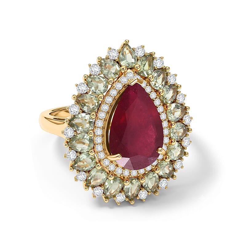 D'Joy Niassa Ruby (FF) and Multi Gemstone 11.20 ctw Crimson Bloom Ring in 18K Vermeil YG Over Sterling Silver (Size 7.0)