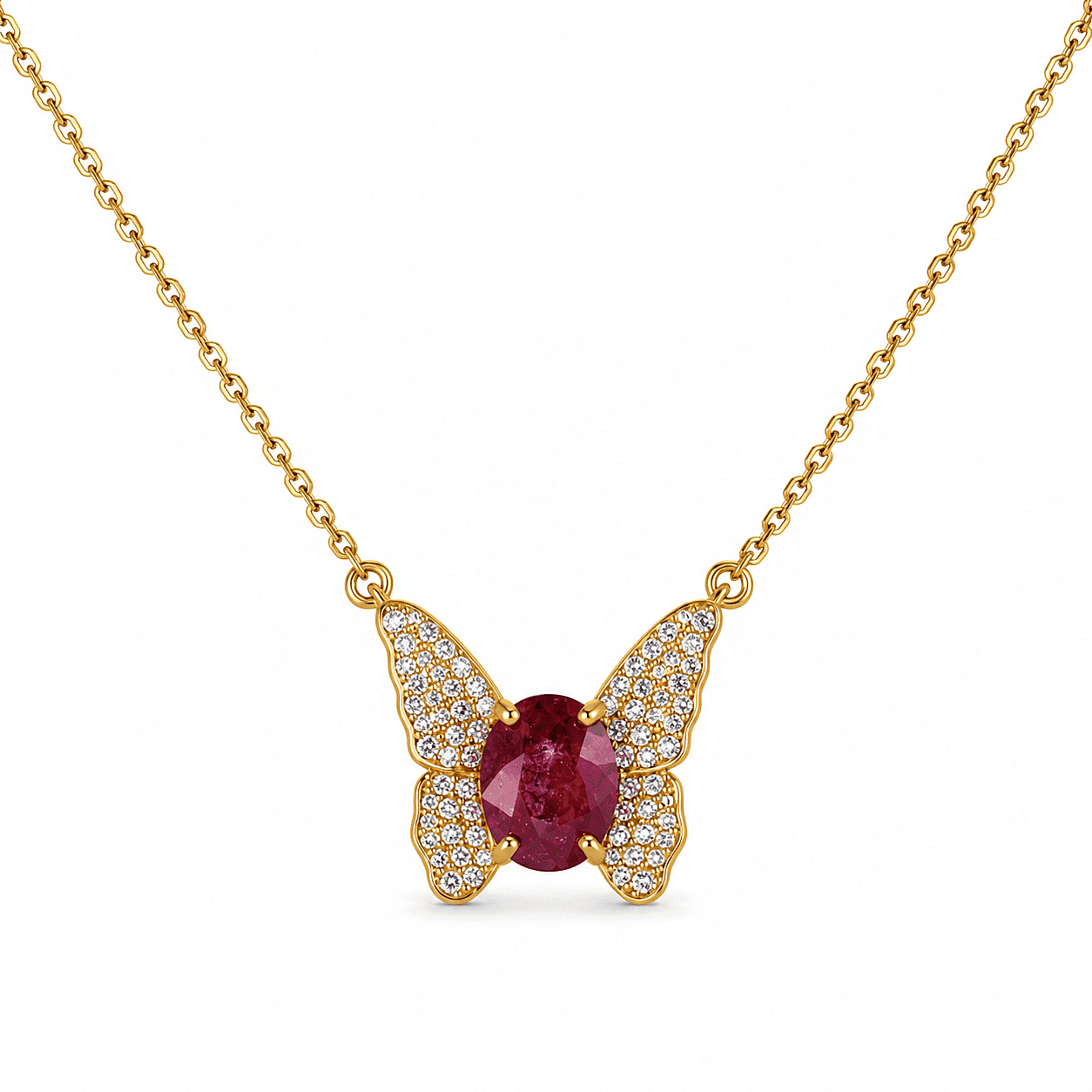 GP Trionfo Collection Niassa Ruby (FF) and White Zircon 3.10 ctw Butterfly Necklace in 18K Vermeil Yellow Gold Over Sterling Silver 18 Inches