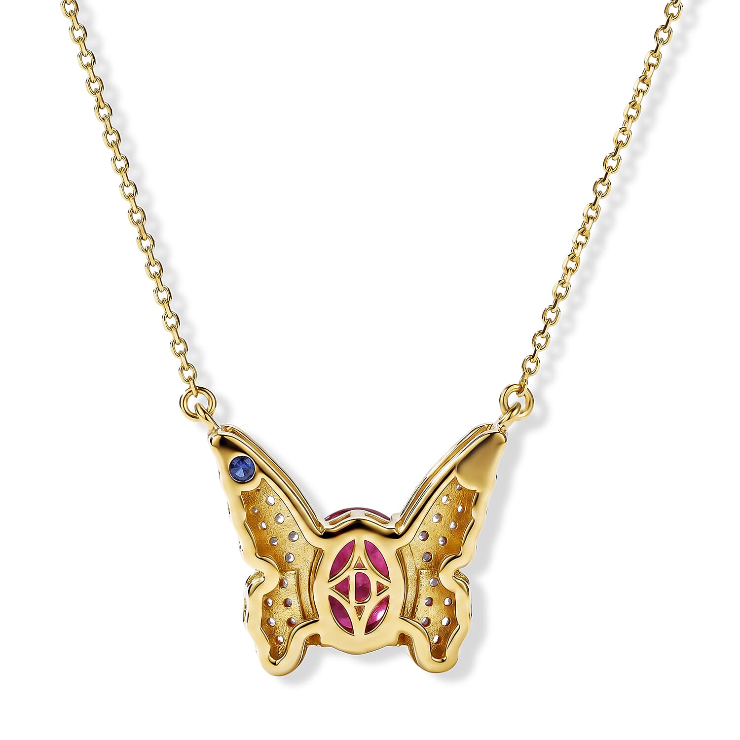 GP Trionfo Collection Niassa Ruby (FF) and White Zircon 3.10 ctw Butterfly Necklace in 18K Vermeil Yellow Gold Over Sterling Silver 18 Inches