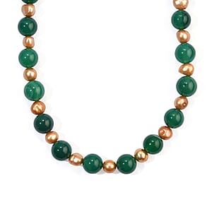 EverTrue Champagne Freshwater Pearl and Green Agate 50.00 ctw Necklace (18 Inches) in Platinum Bond