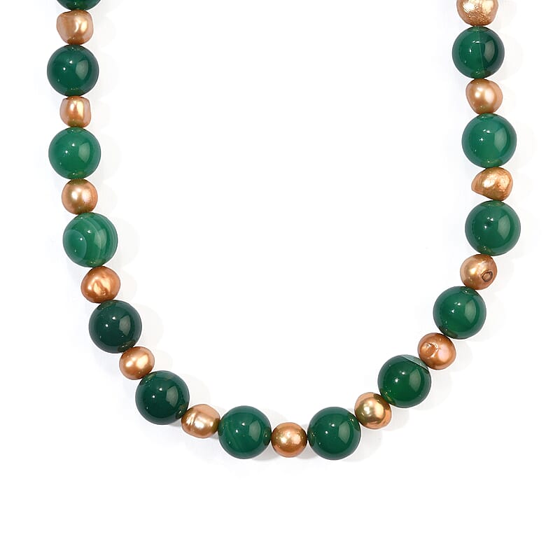 EverTrue Champagne Freshwater Pearl and Green Agate 50.00 ctw Necklace (18 Inches) in Platinum Bond
