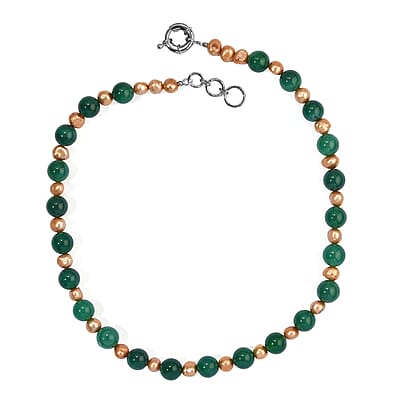 EverTrue Champagne Freshwater Pearl and Green Agate 50.00 ctw Necklace (18 Inches) in Platinum Bond