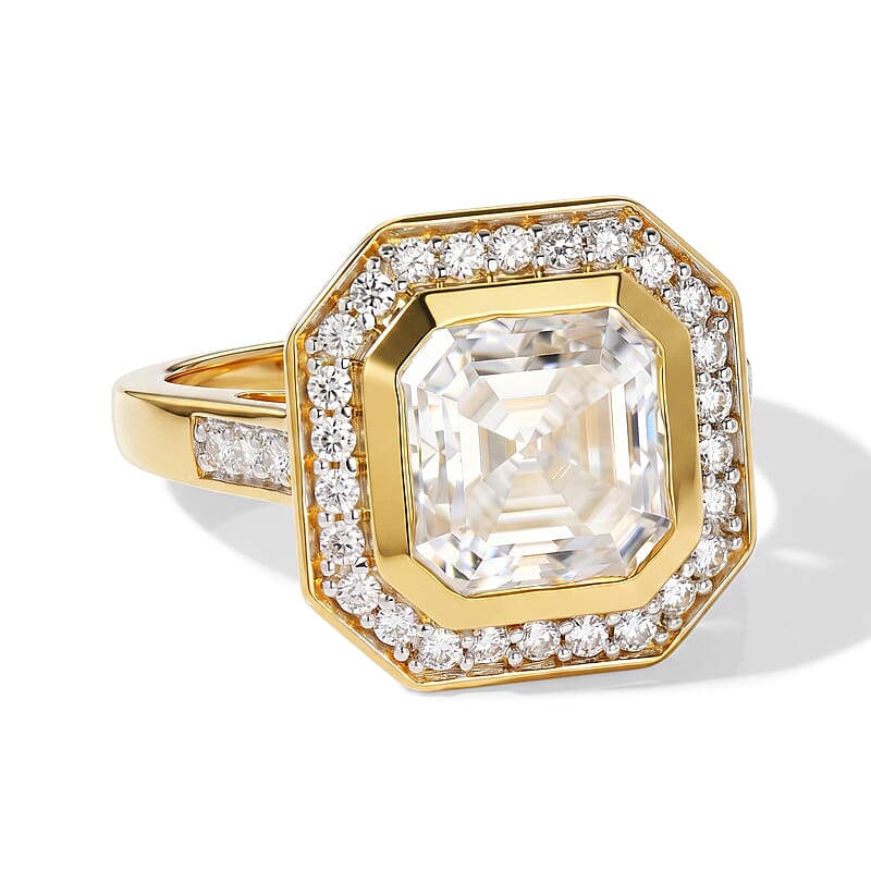 D'Joy Asscher Cut Moissanite 4.20 ctw Ring in 18K Vermeil Yellow Gold Over Sterling Silver (Size 10.0)