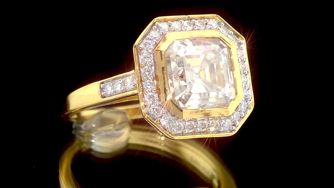 D'Joy Asscher Cut Moissanite (Oct 9x9mm) Ring in 18K Vermeil YG Over Sterling Silver (Size 10.0) 4.20 ctw 8673828