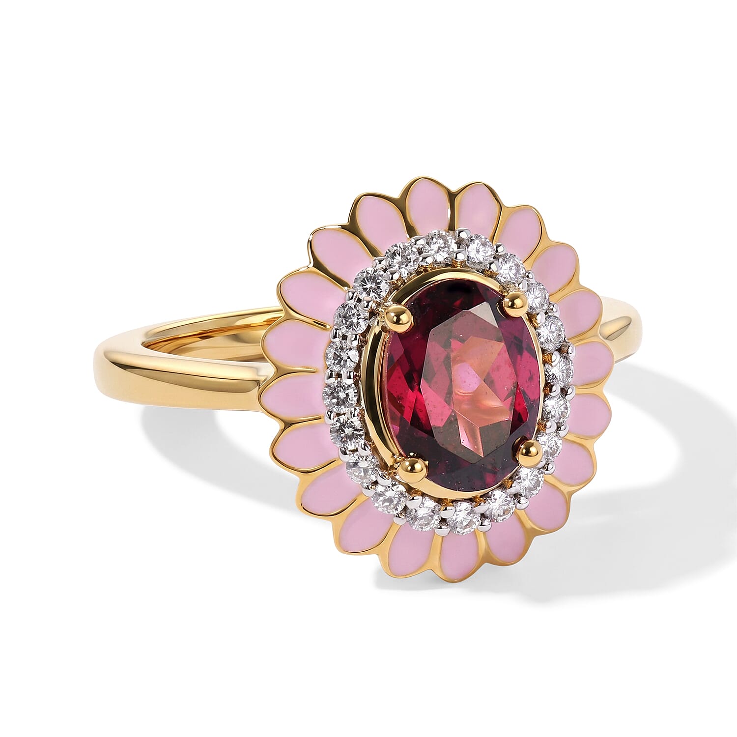 D'Joy Premium Orissa Rhodolite Garnet and Moissanite 1.70 ctw Blush Bloom Ring in 18K Vermeil Yellow Gold Over Sterling Silver (Size 6.0)