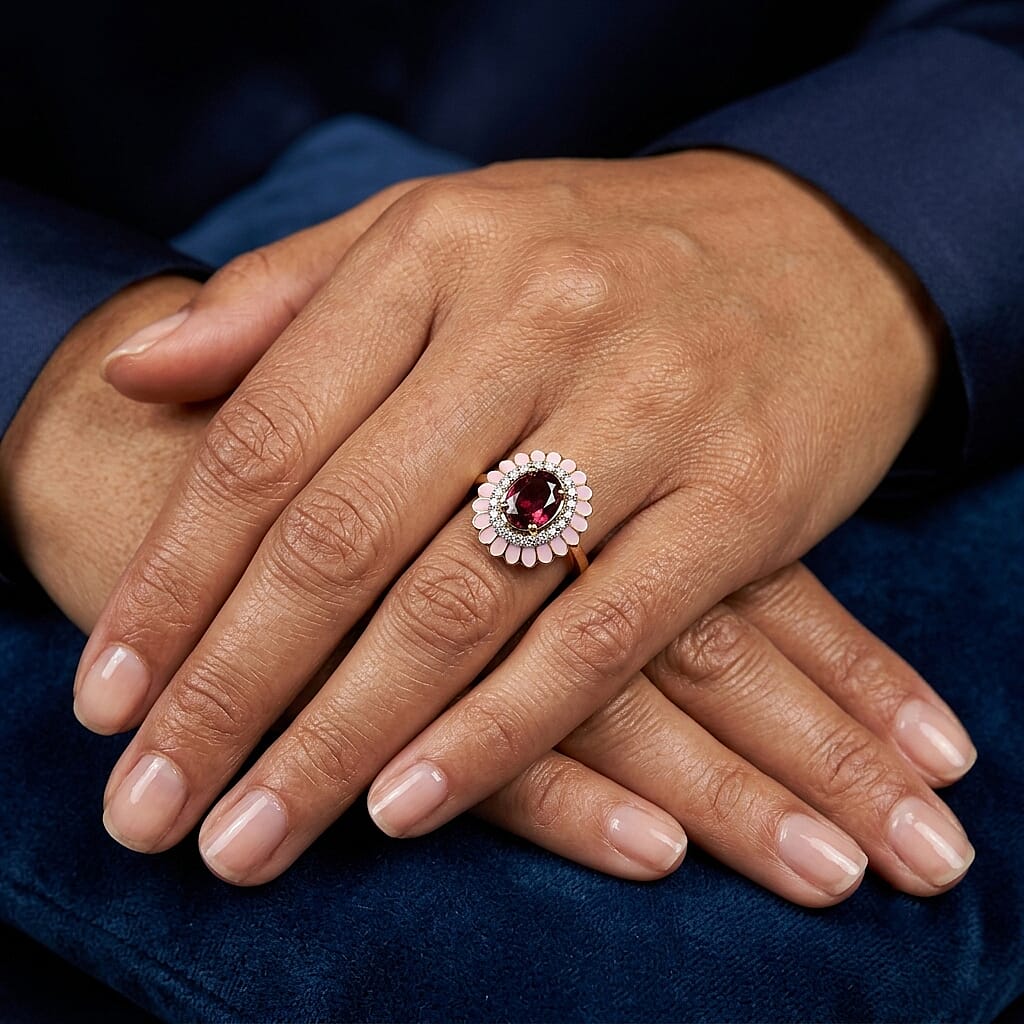 D'Joy Premium Orissa Rhodolite Garnet and Moissanite 1.70 ctw Blush Bloom Ring in 18K Vermeil Yellow Gold Over Sterling Silver (Size 6.0)
