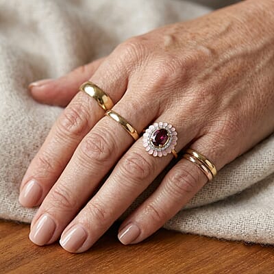D'Joy Premium Orissa Rhodolite Garnet and Moissanite 1.70 ctw Blush Bloom Ring in 18K Vermeil Yellow Gold Over Sterling Silver (Size 6.0)