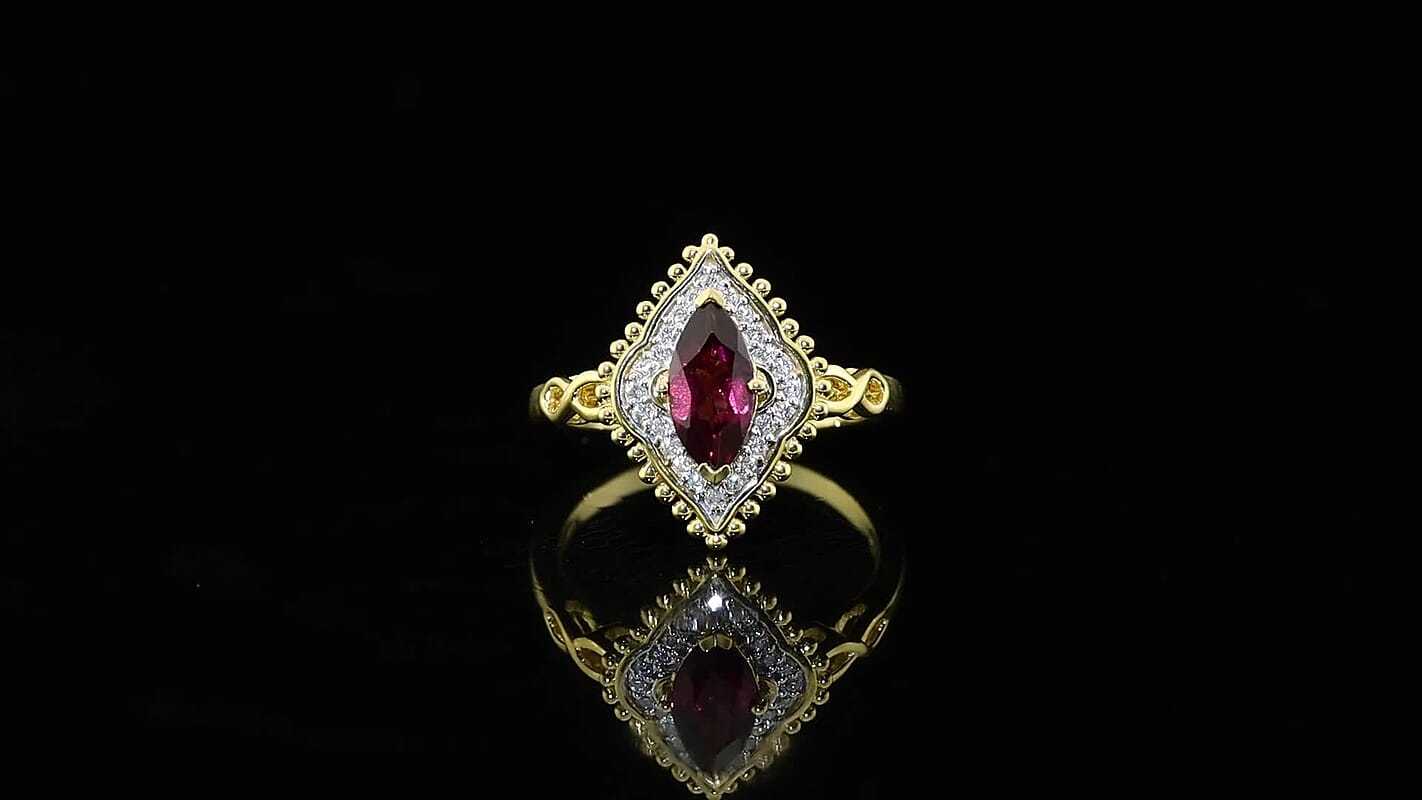 D'Joy Premium Orissa Rhodolite Garnet, Moissanite Gilded Wine Ring in 18K Vermeil YG Over Sterling Silver (Size 10.0) 1.40 ctw